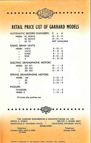 Garrard 201B prices early 1930's